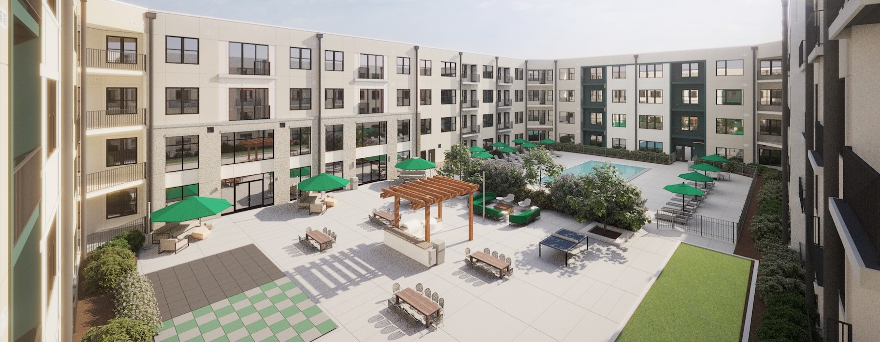 a courtyard with a pool, tables and chairs