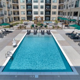 an aerial view of a swimming pool